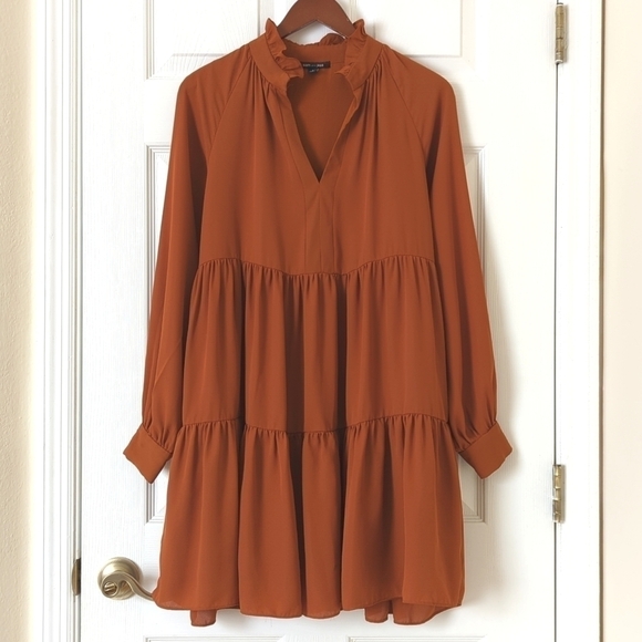 Sam and Jess Dresses & Skirts - Sam and Jess Ruffle Tiered Long Sleeve V-neck Mini Babydoll Swing Dress Rust S